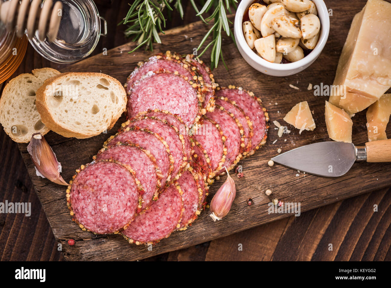 spicy peppered regional salami sausage,spanish tapa bar food Stock