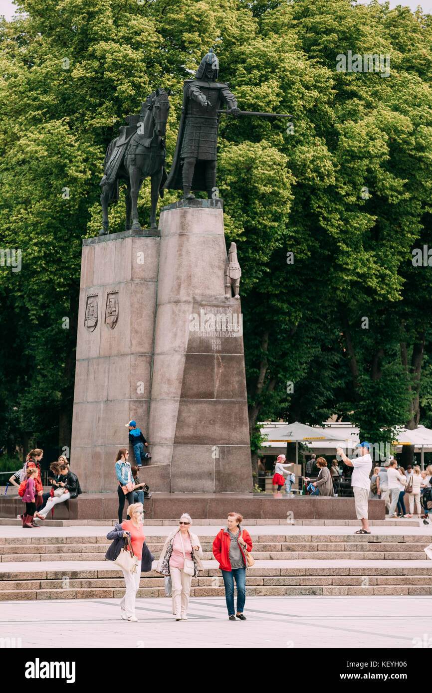 Vilnius, Lithuania. People Walking Near Monument To Gediminas Is Grand Duke Of Lithuania. Stock Photo
