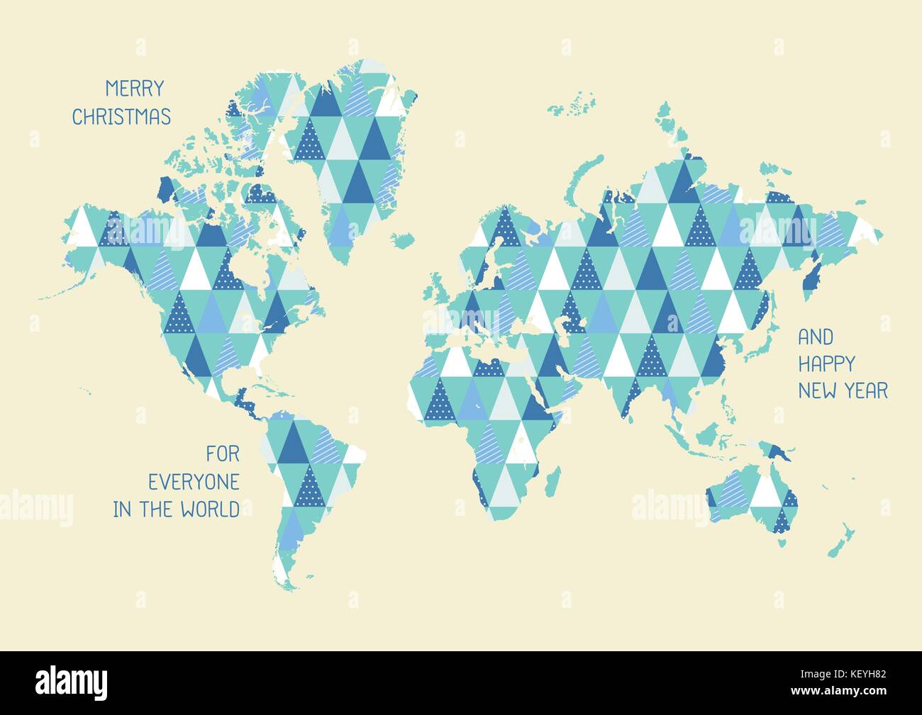 World map with triangle pattern. Merry christmas and Happy new year greeting card. Vector illustration Stock Vector