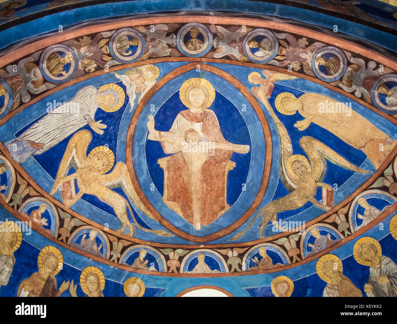 Christ in majesty, a romanesque wall-painting in Bjaresjo church, Sweden, November 6, 2009 Stock Photo