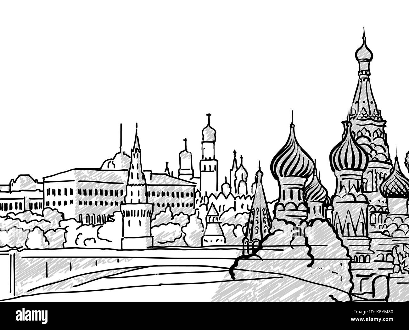 Moscow, Russia famous Travel Sketch. Lineart drawing by hand. Greeting card design, vector illustration Stock Vector