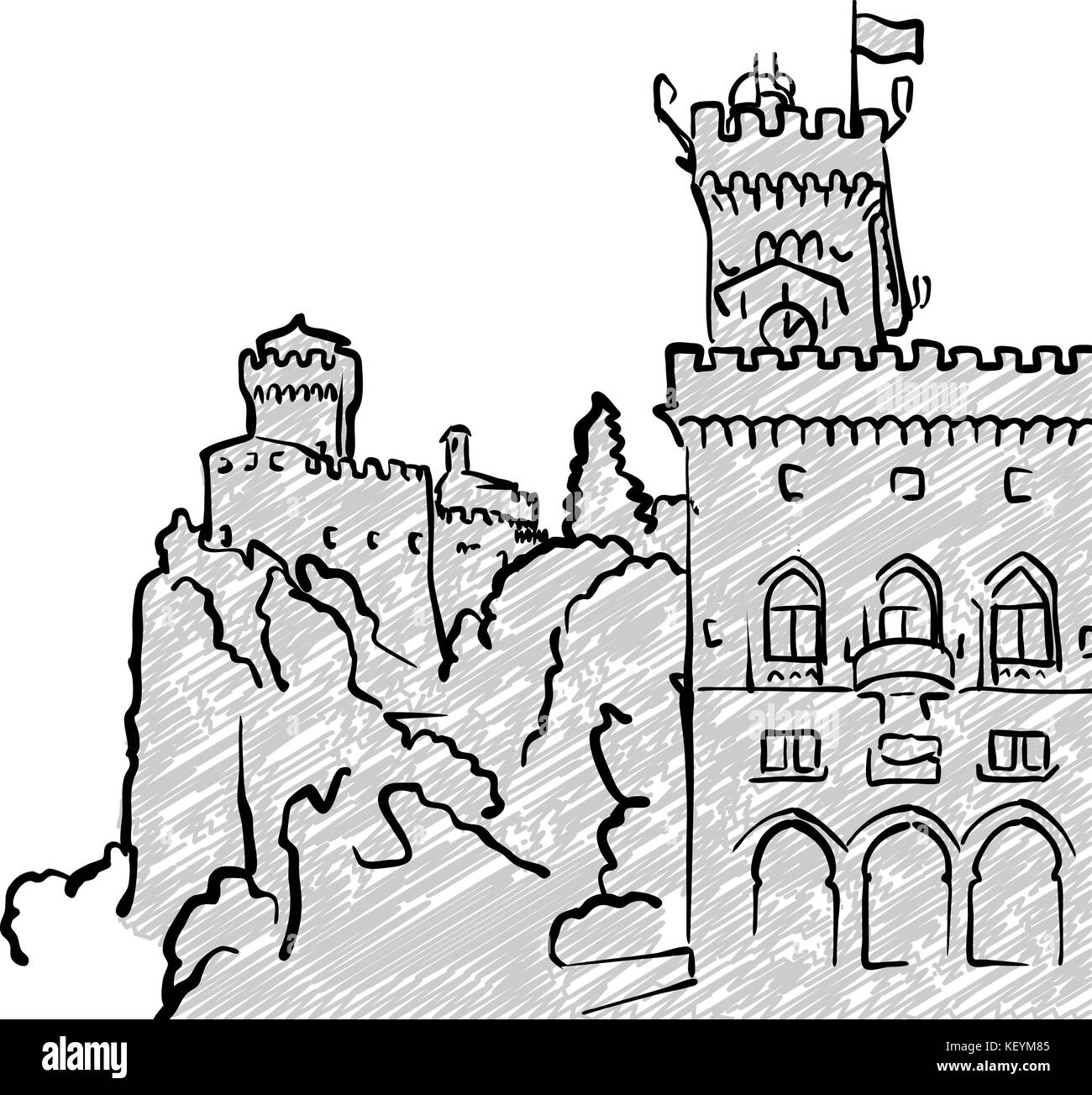 San Marino famous Travel Sketch. Lineart drawing by hand. Greeting card design, vector illustration Stock Vector