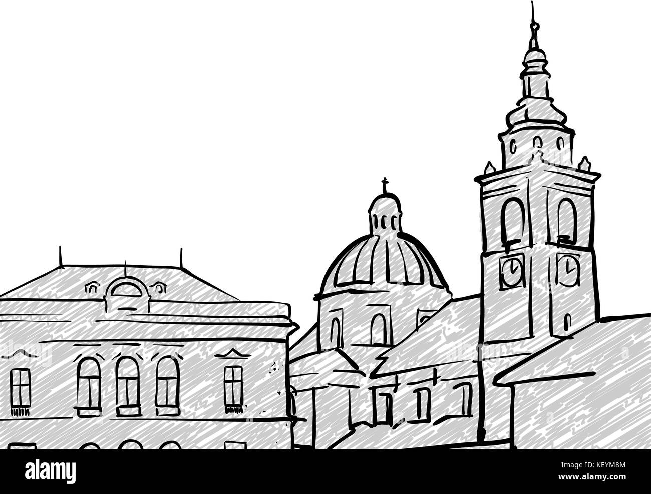 Ljubljana, Slovenia famous Travel Sketch. Lineart drawing by hand. Greeting card design, vector illustration Stock Vector
