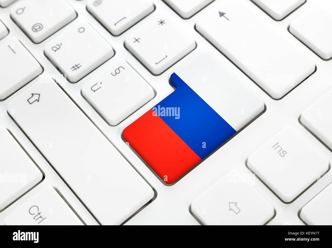 Russian language or Russia web concept. National flag enter button or key on white keyboard Stock Photo