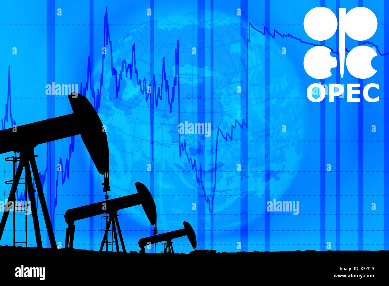 silhouette industrial oil pump jack and oil graph on the blue globe background Stock Photo
