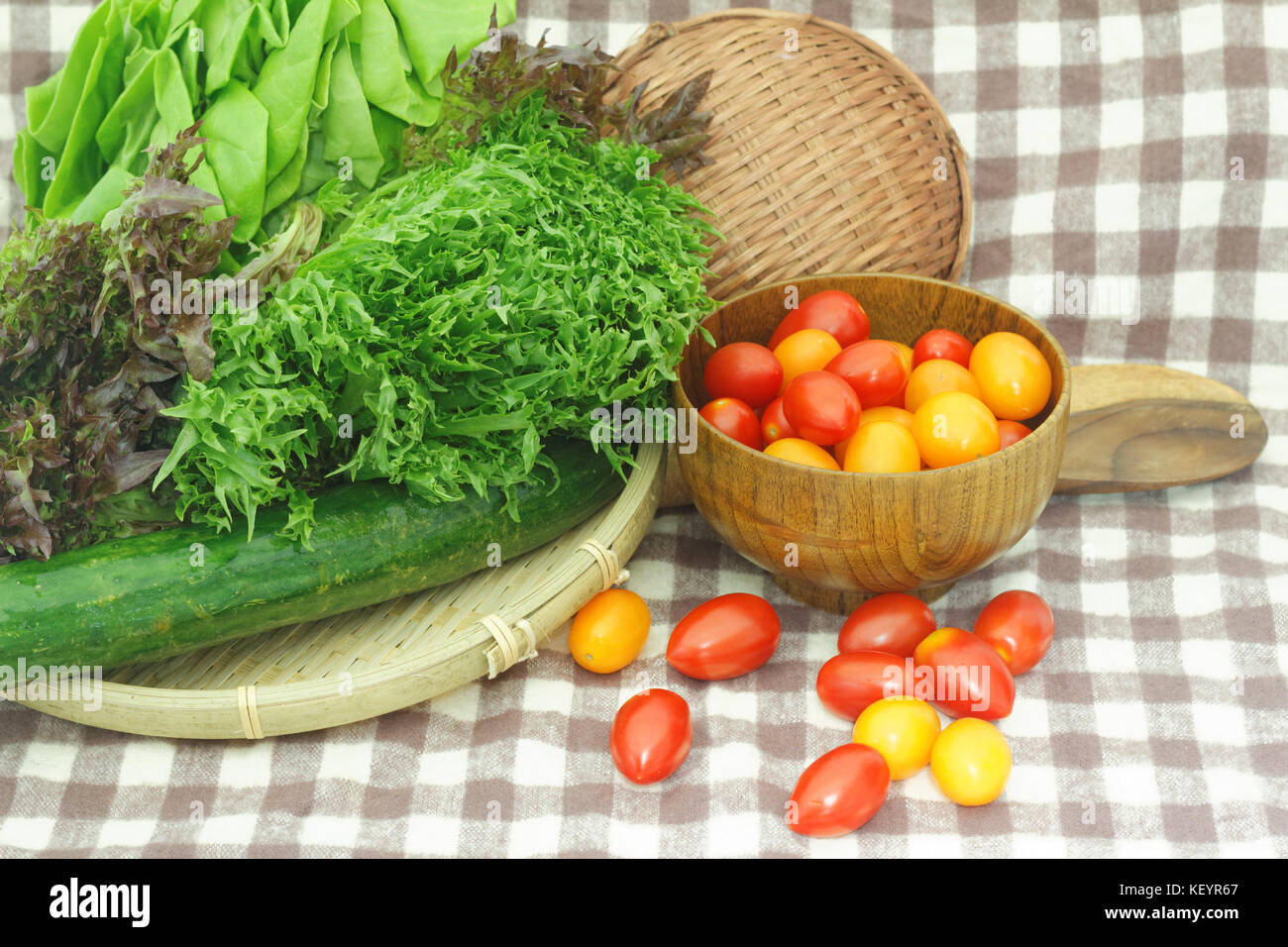 Red and green lollo lettuce,butterhead lettuce,japan cucumber,honey