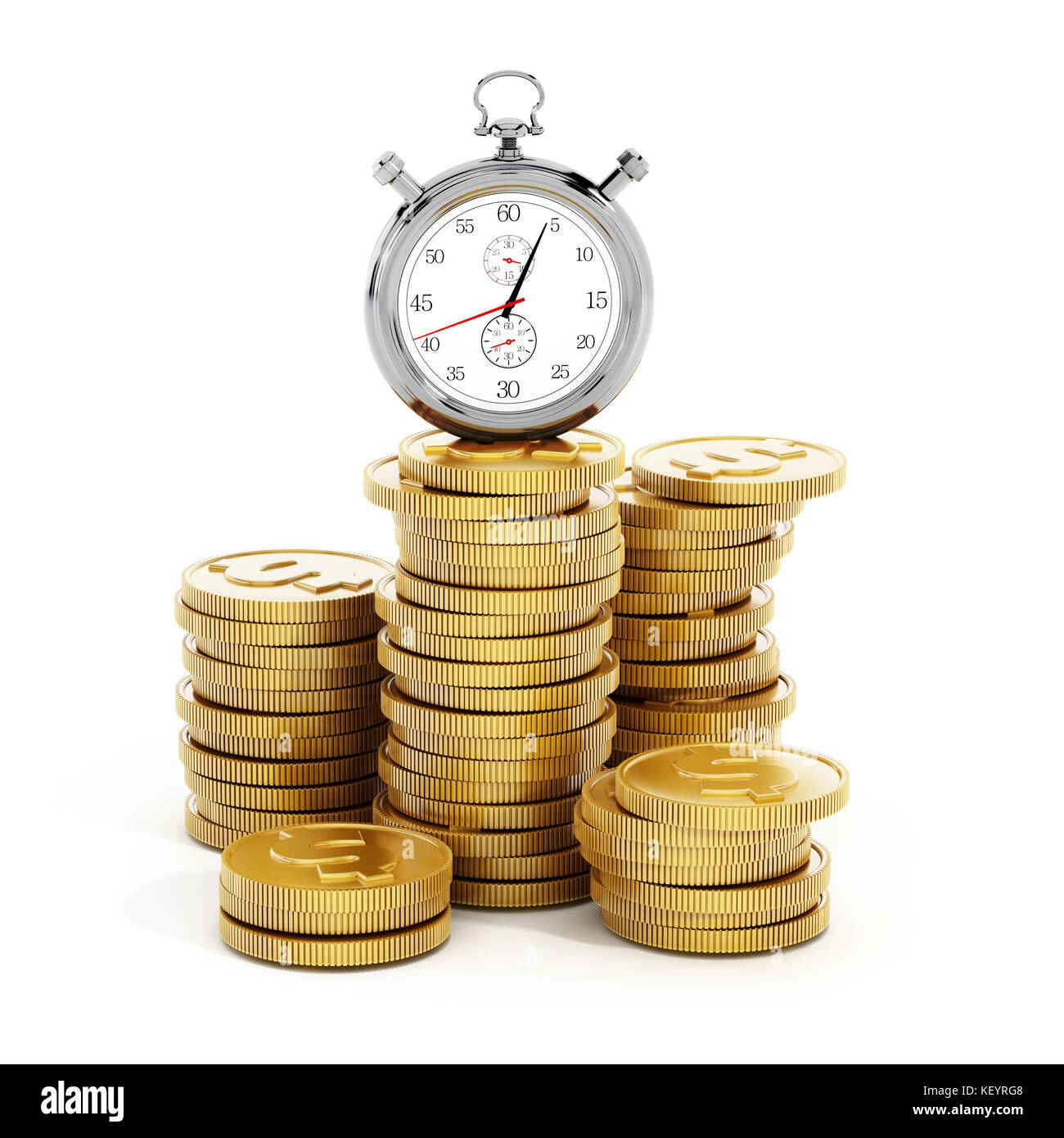 Chronometer standing on golden coins stack. 3D illustration. Stock Photo