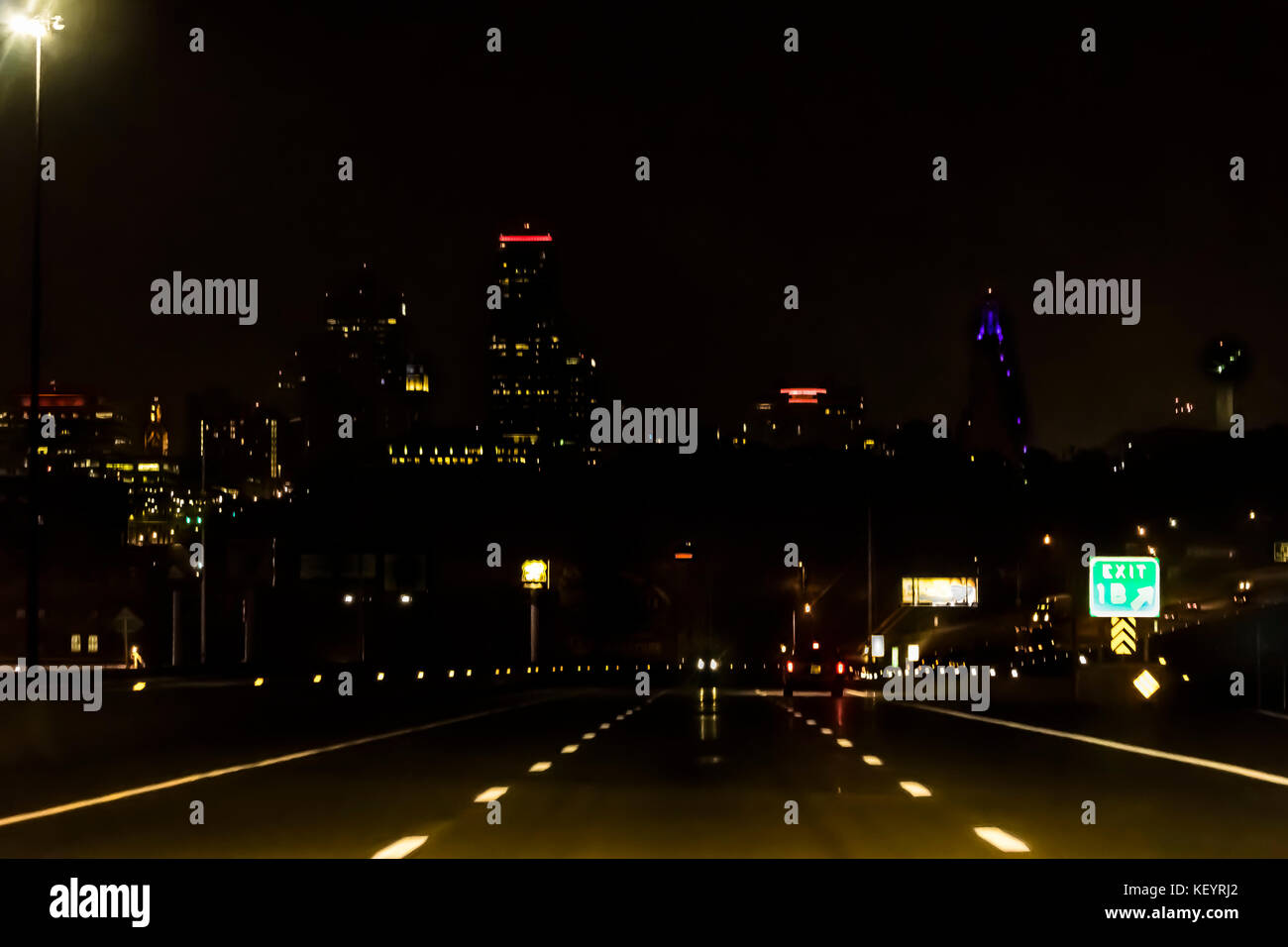 Night view of a highway leading to downtown Kansas City, Missouri