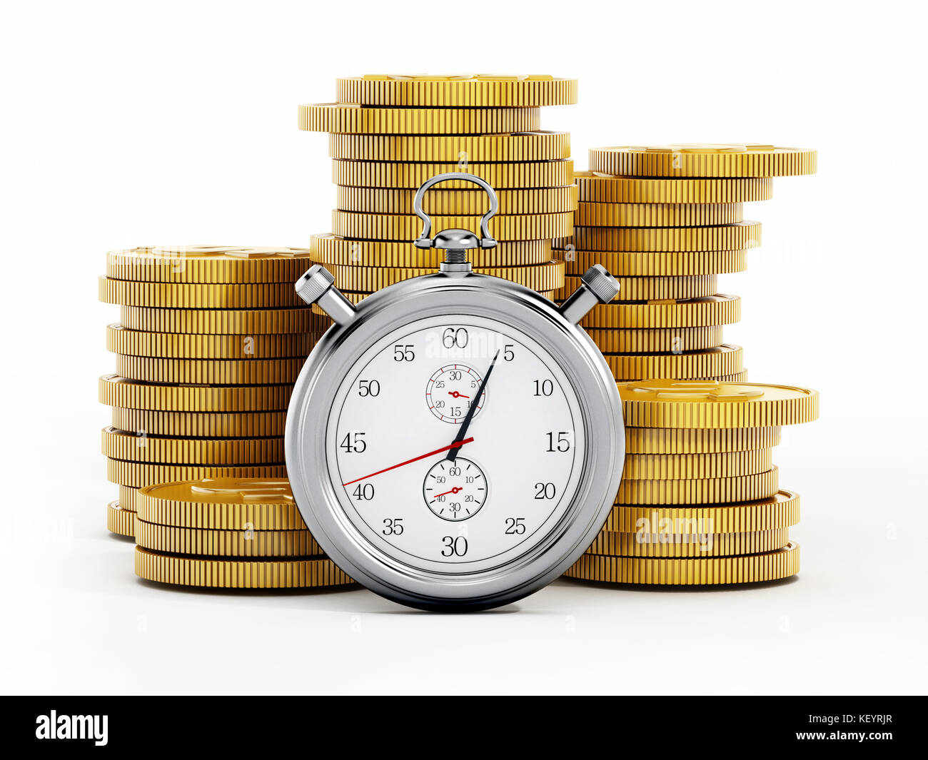 Chronometer standing on golden coins stack. 3D illustration. Stock Photo