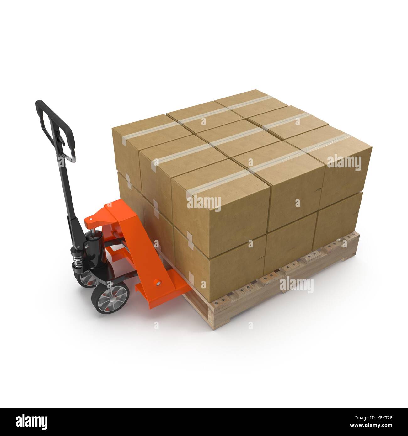 Pallet jack with boxes on pallets 3D illustration. Stock Photo