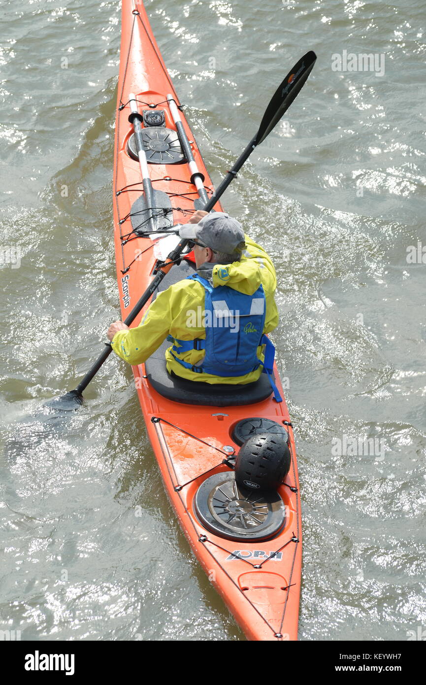 Paddling a full equipped sea kayak viewed from above Stock Photo Alamy