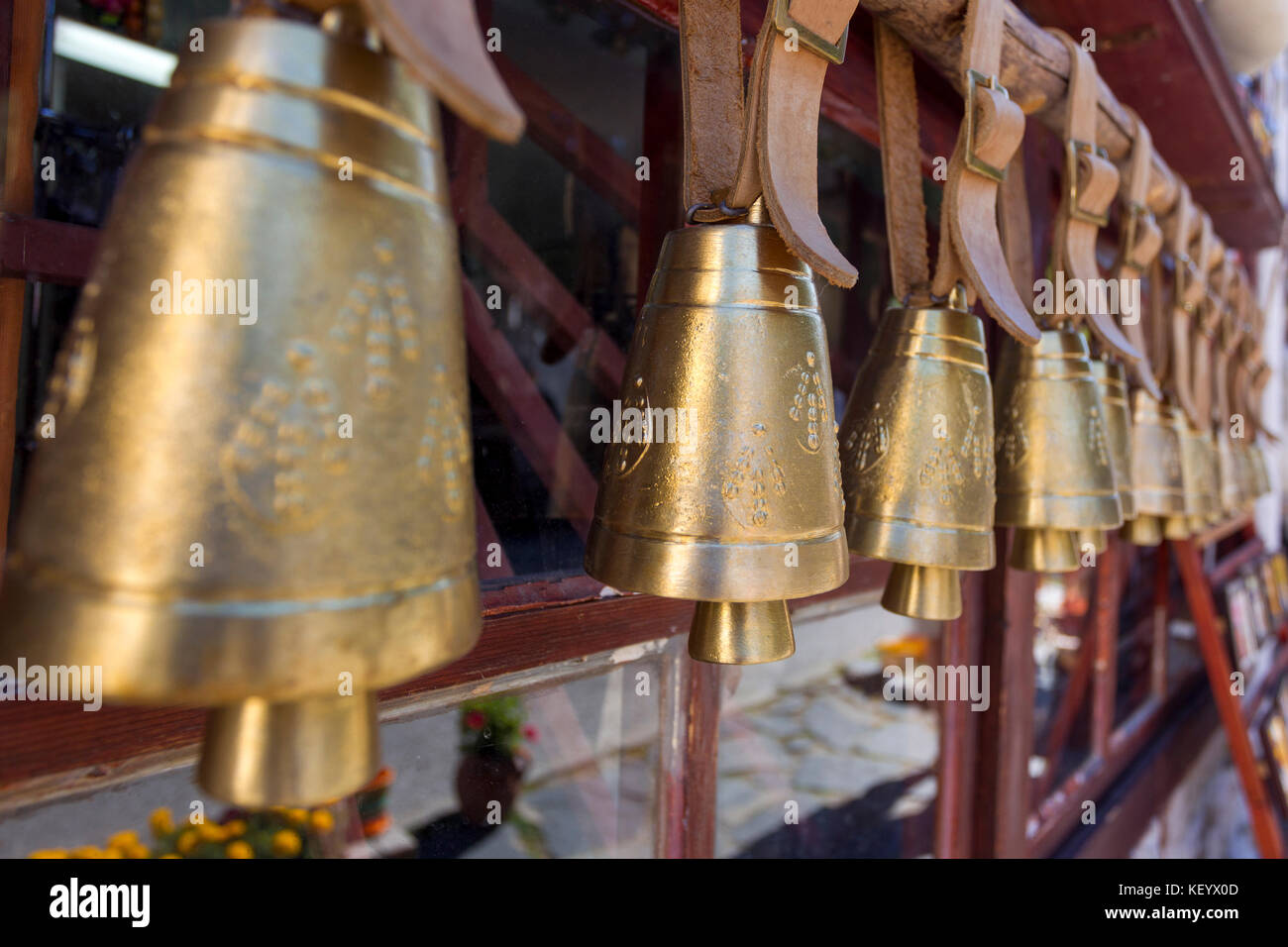 Rhodope brass sheep bells in village of Shiroka Laka, Bulgaria. Stock Photo