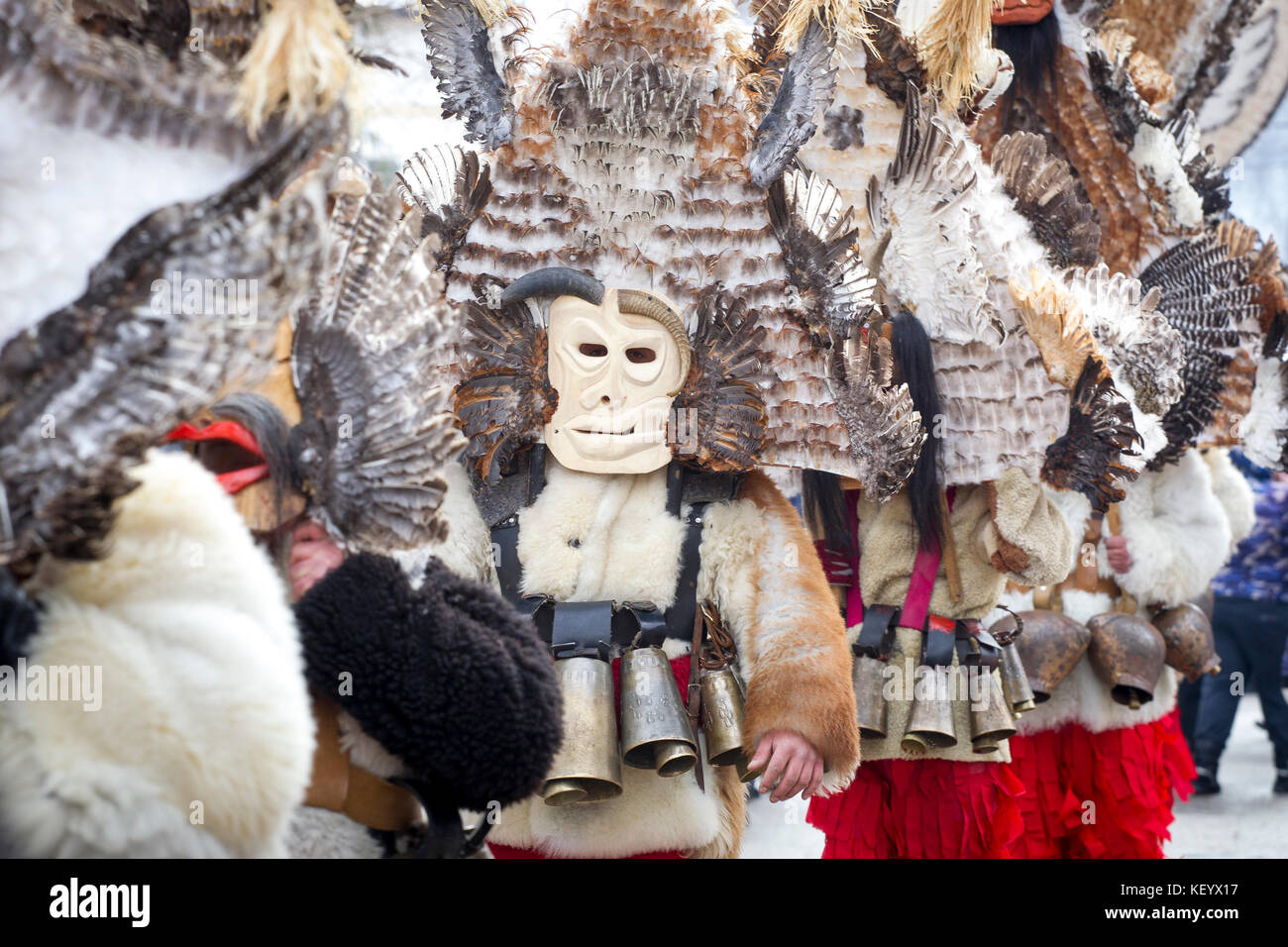 Masquerade players called 'Kukeri' during customary games in Bulgaria. Stock Photo