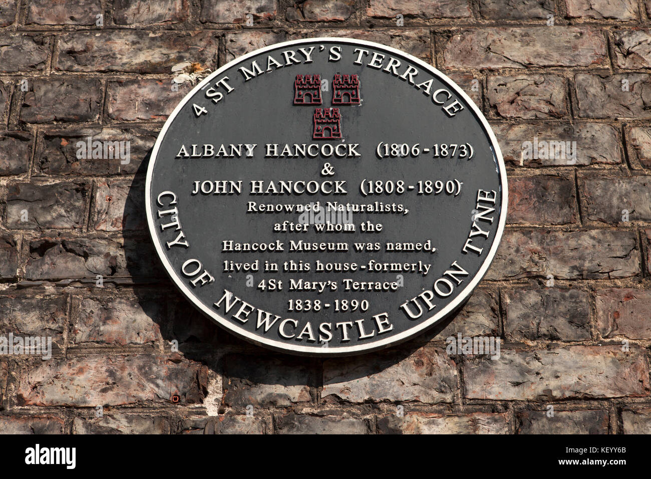 Plaque commemorating the former house of Albany and John Hancock in Newcastle-upon-Tyne, England. The house, at 4 St Mary's Terrace, was the place of  Stock Photo
