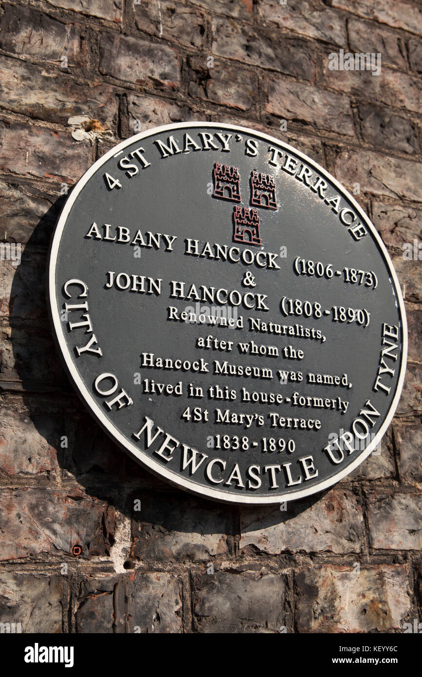 Plaque commemorating the former house of Albany and John Hancock in Newcastle-upon-Tyne, England. The house, at 4 St Mary's Terrace, was the place of  Stock Photo