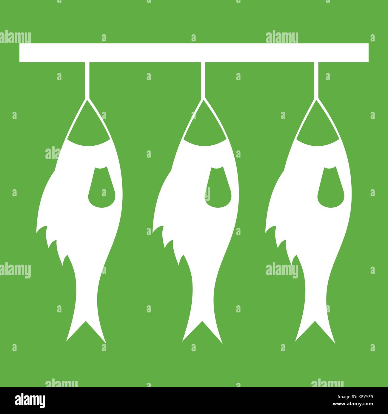 Three dried fish hanging on a rope icon green Stock Vector