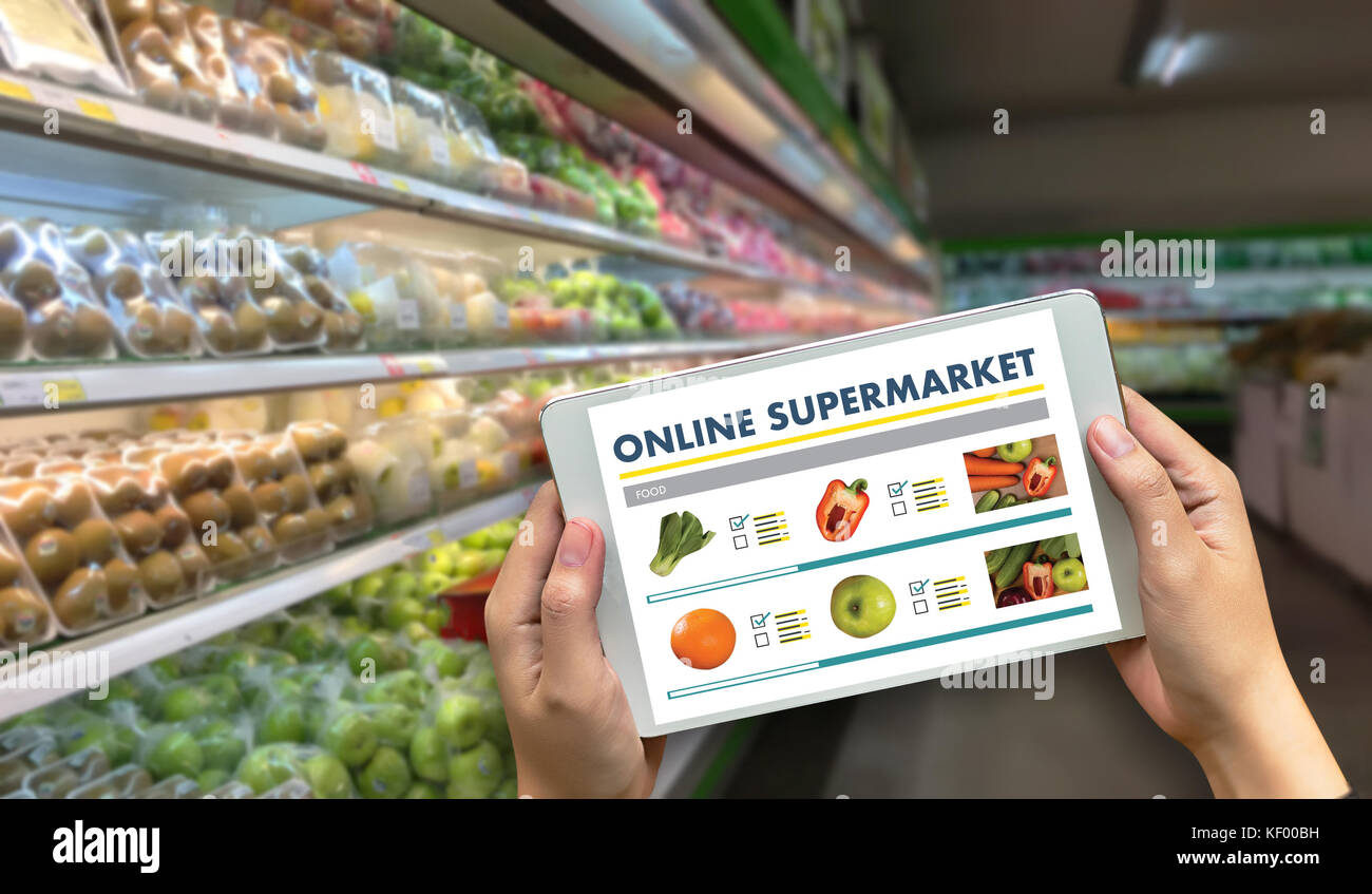 grocery shopping at upermarket mall grocery store vegetable healthy food smart phone online