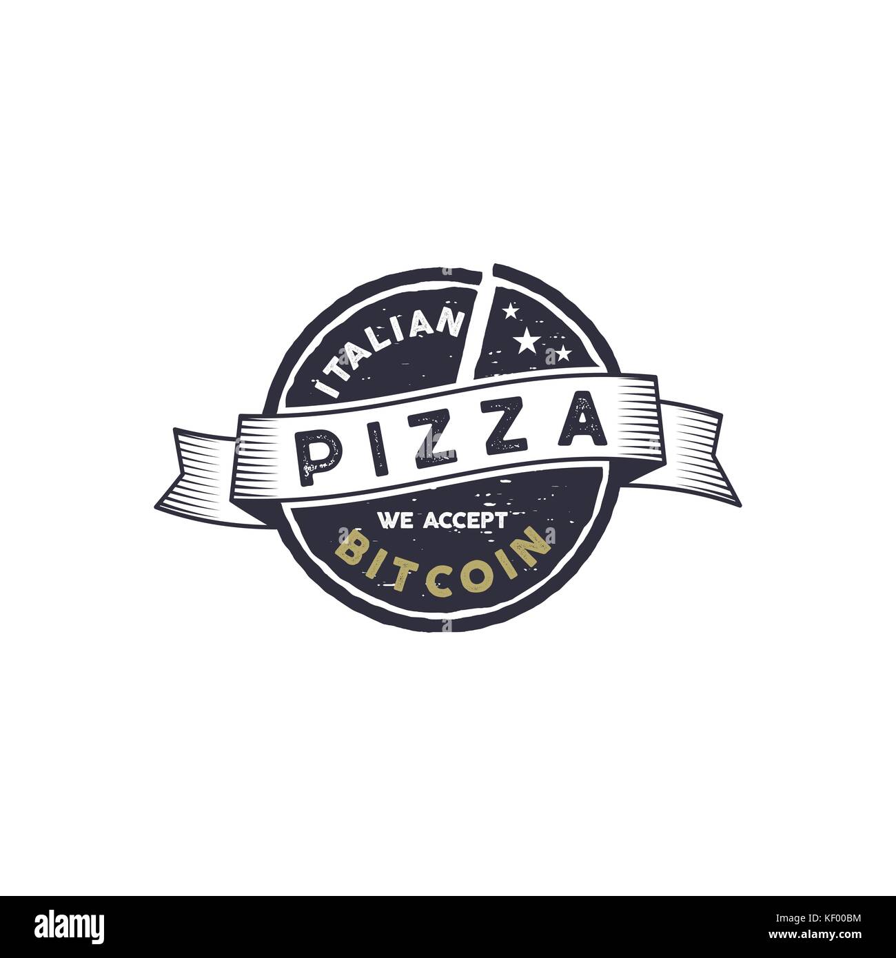 Italian Pizza for Bitcoin emblem. We accept BTC logo design. Digital assets  for real goods concept. Vintage hand drawn style. Stock vector illustration  isolated on white background Stock Vector Image & Art -
