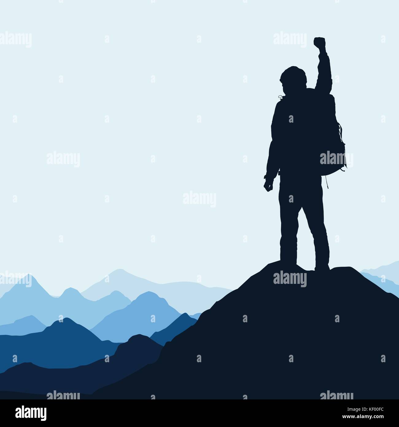 Vector illustration of a mountain landscape with a realistic silhouette of a climber at the top of a rock with a winning gesture under a blue sky Stock Vector