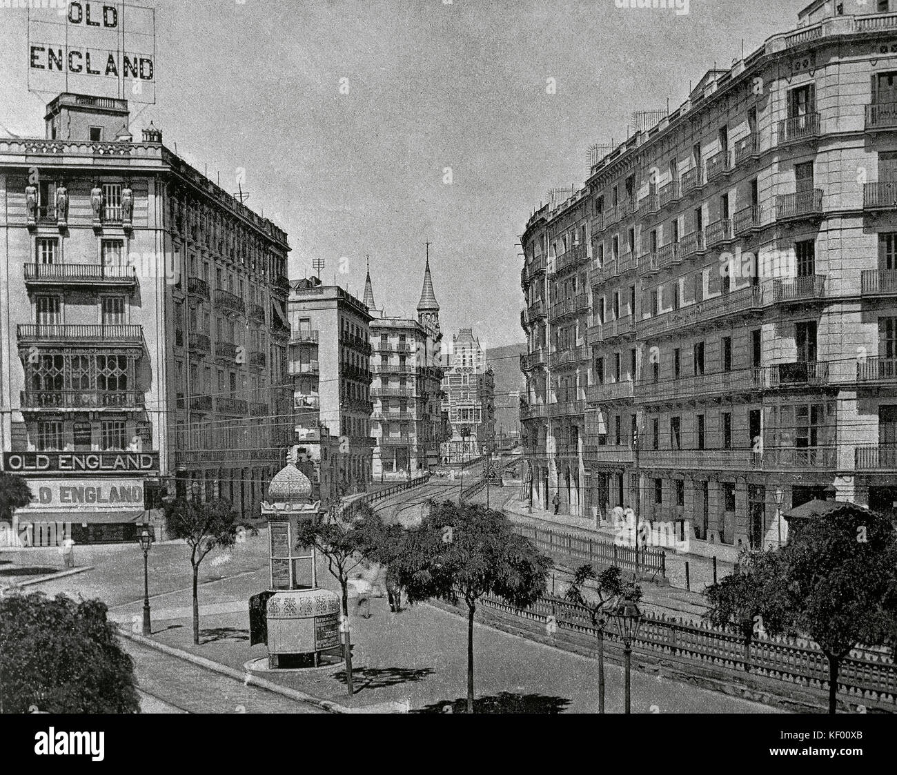 Spain. Catalonia. Barcelona. Late 19th century. Balmes street with the Sarria's railway. In the corner, the Old England store. Photography. Stock Photo