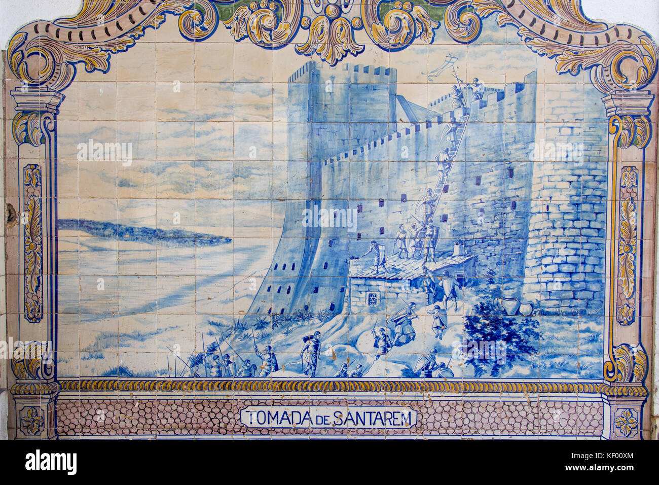 Blue ceramic tiles representing historic Tomada de Santarem, capture of Santarem, Santarem railway station, Portugal Stock Photo