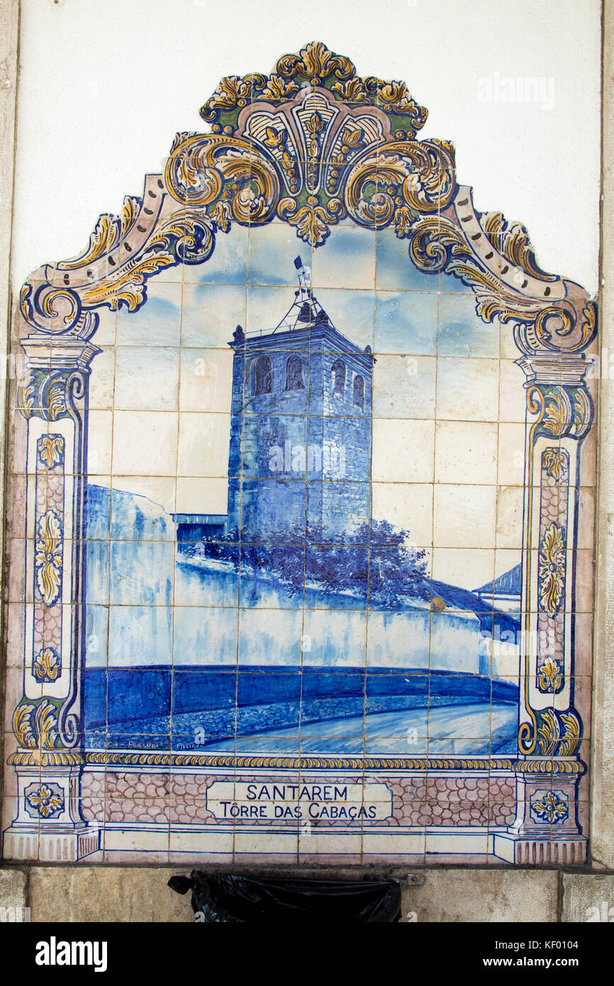 Blue ceramic tiles representing historic Torre Das Cabacas in Santarem, Santarem Railway Station, Portugal Stock Photo