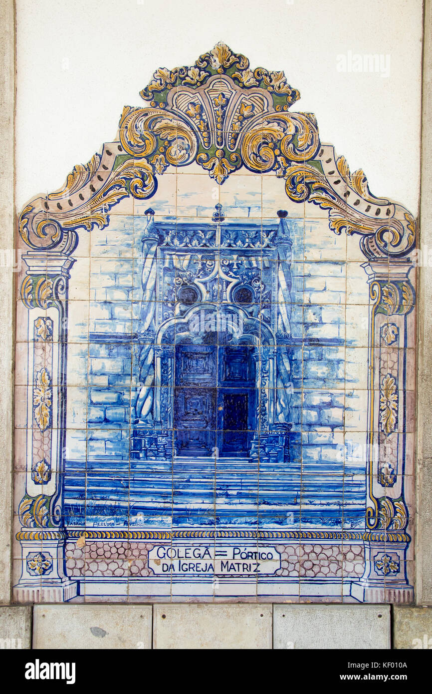 Blue ceramic tiles representing historic Igreja Matriz in Santarem, Santarem Railway Station, Portugal Stock Photo