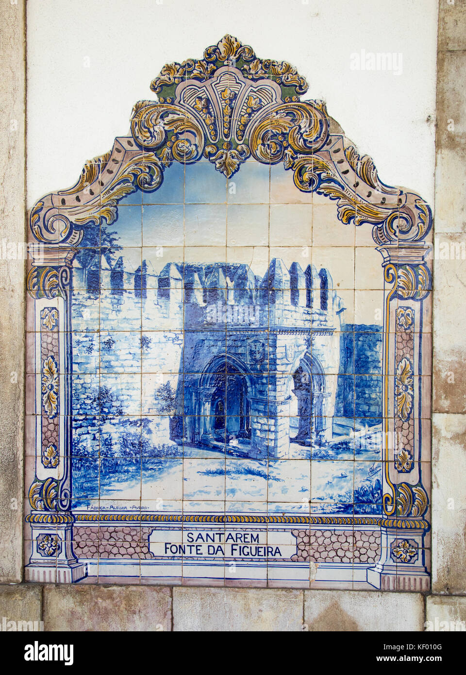 Blue ceramic tiles representing historic Fonte da Figueira in Santarem, Santarem Railway Station, Portugal Stock Photo