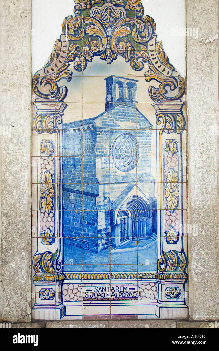 Blue ceramic tiles representing historic Sao Joao do Alporao (Cathedral) in Santarem, Santarem Railway Station, Portugal Stock Photo