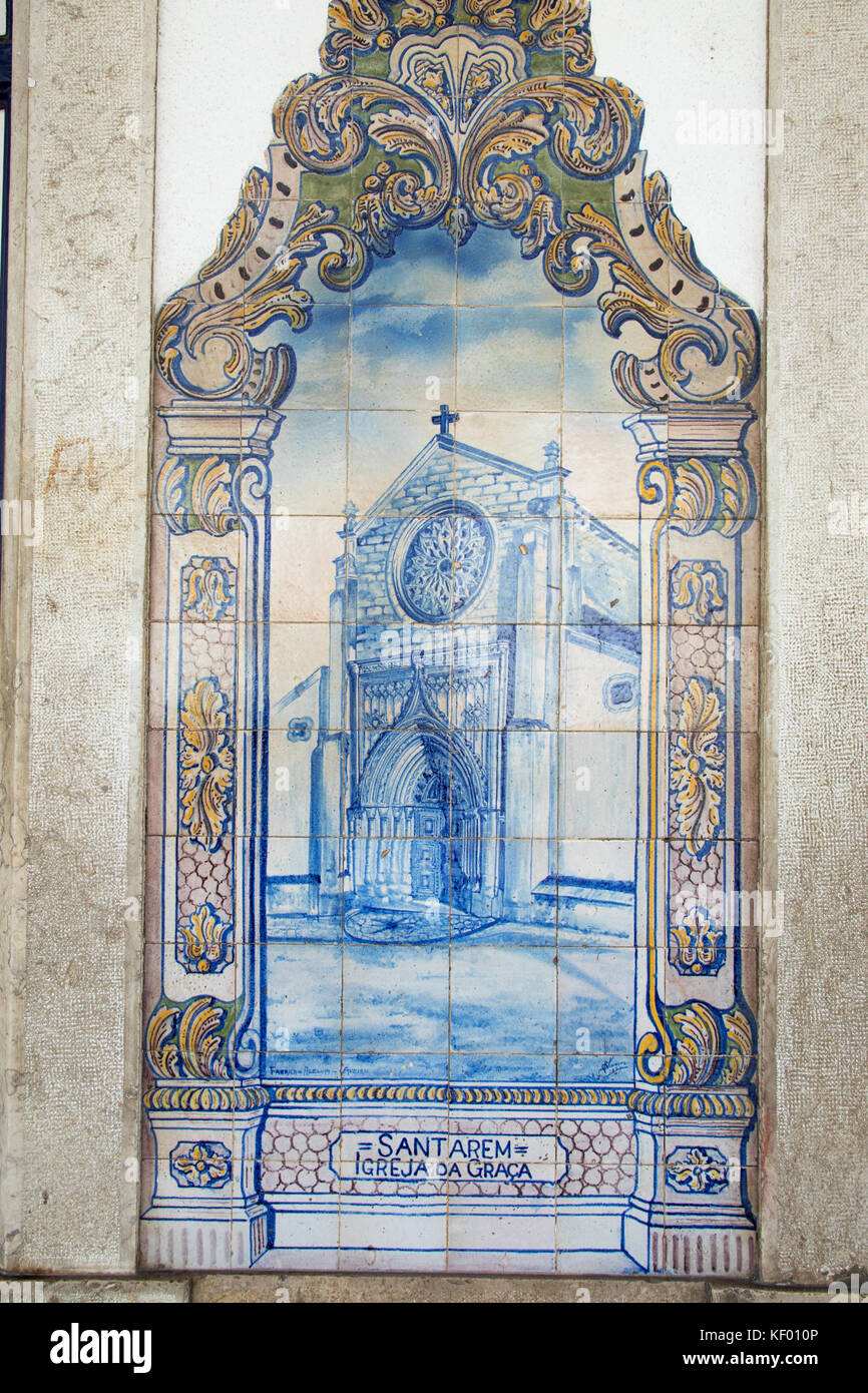 Blue ceramic tiles representing historic Igreja da Graca in Santarem, Santarem Railway Station, Portugal Stock Photo