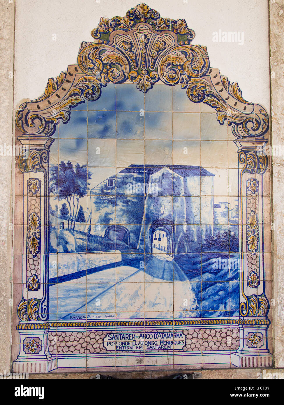 Blue ceramic tiles representing historic Arco D'Atamarma in Santarem, Santarem Railway Station, Portugal Stock Photo