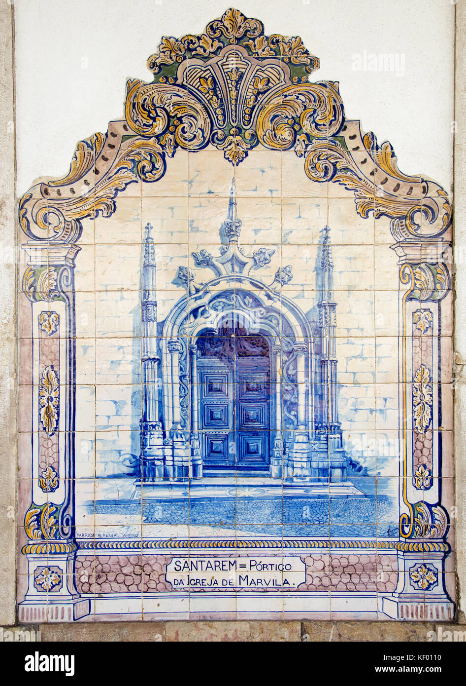 Blue ceramic tiles representing historic Portico da Igreja de Marvila in Santarem, Santarem Railway Station, Portugal Stock Photo