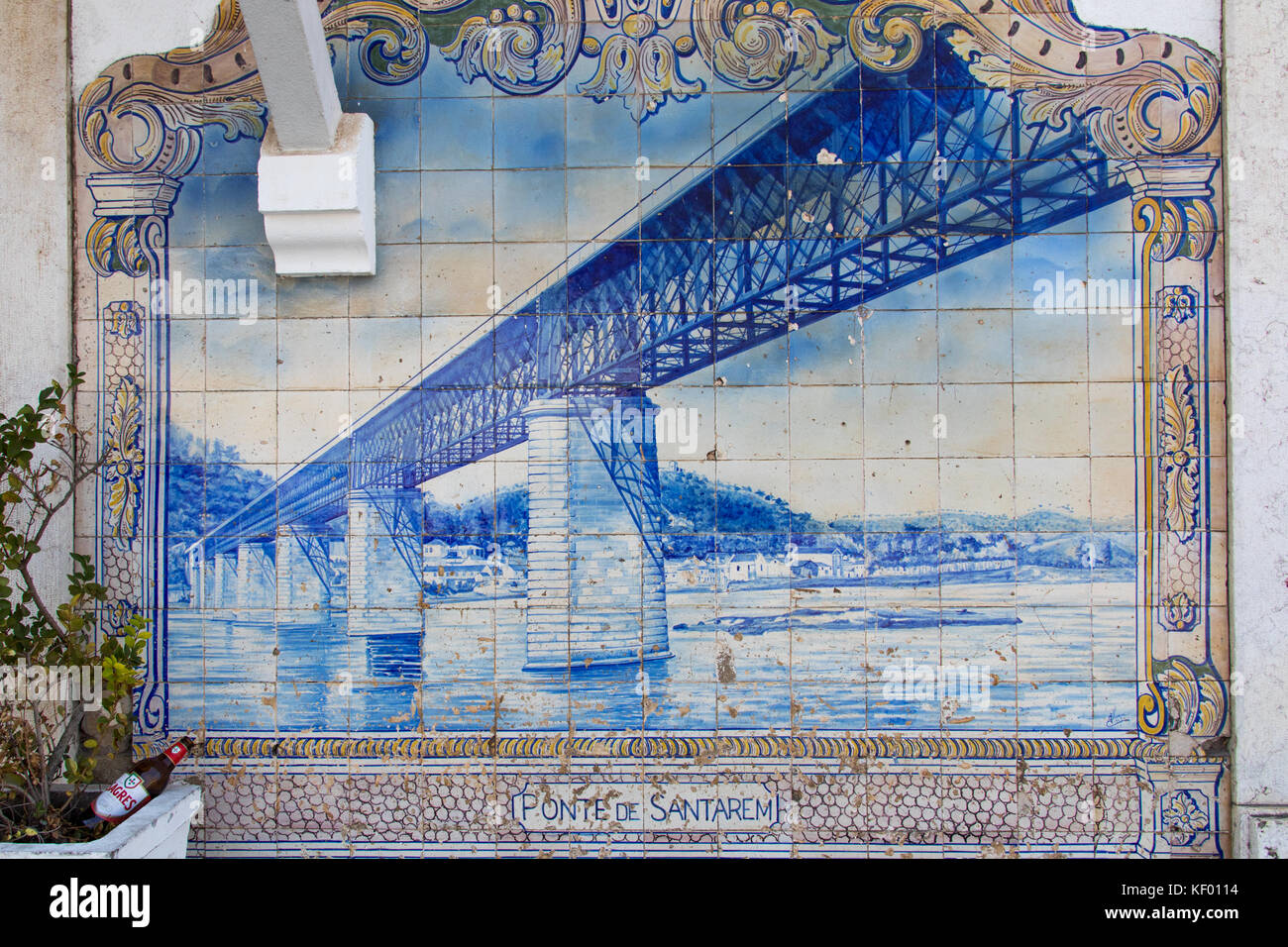 Blue ceramic tiles representing historic Ponte de Santarem, Santarem railway station, Portugal Stock Photo