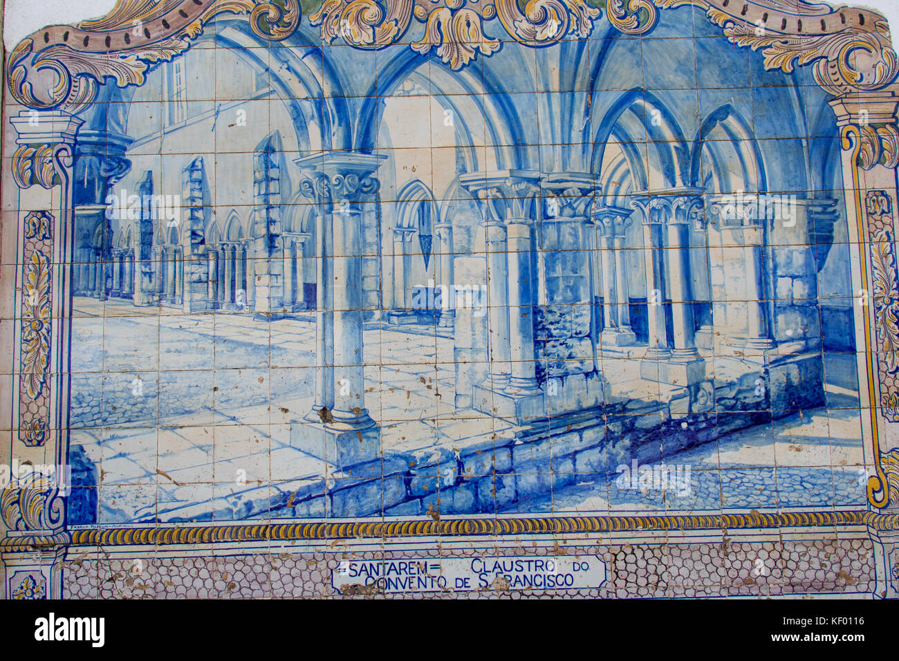 Blue ceramic tiles representing historic Claustro do Convento de Sao Francisco in Santarem, Santarem railway station, Portugal Stock Photo