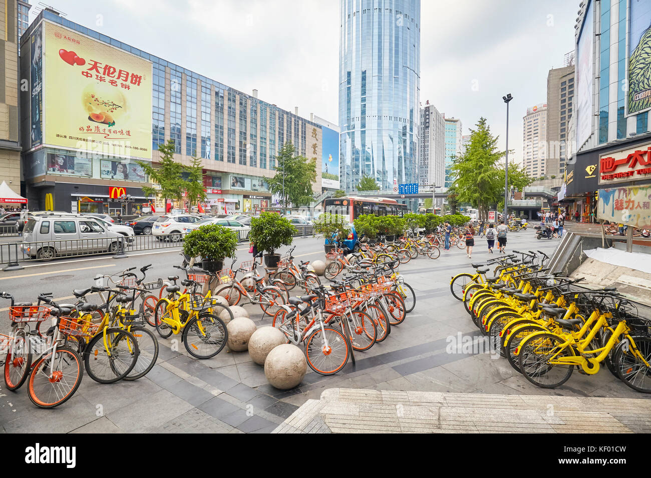 Chengdu, China - September 29, 2017: Public shared bicycles are very popular in Chengdu city. Stock Photo