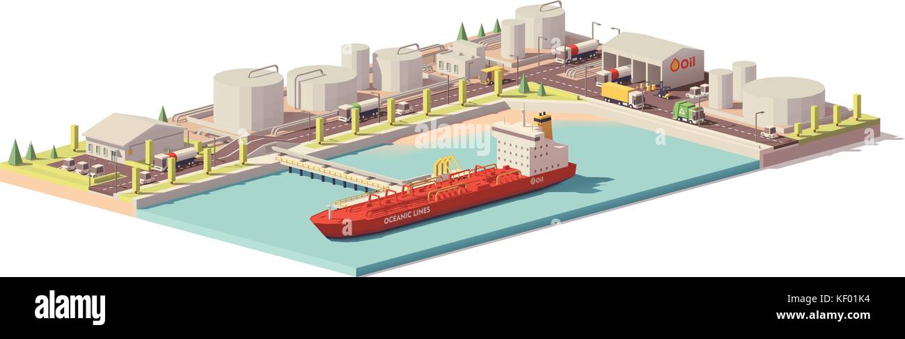 Vector low poly oil depot and oil tanker ship Stock Vector