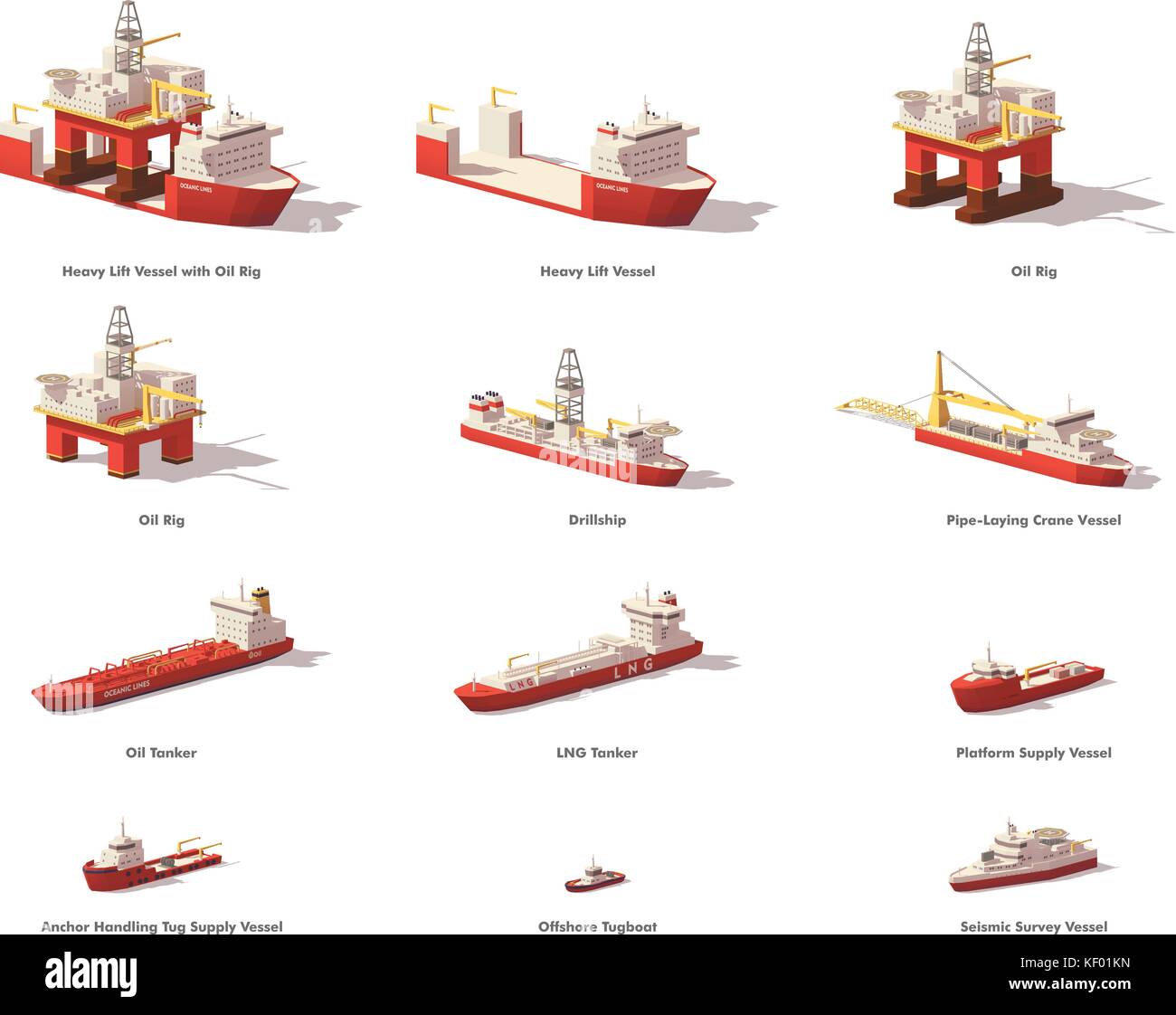 Vector low poly offshore oil exploration vessels Stock Vector