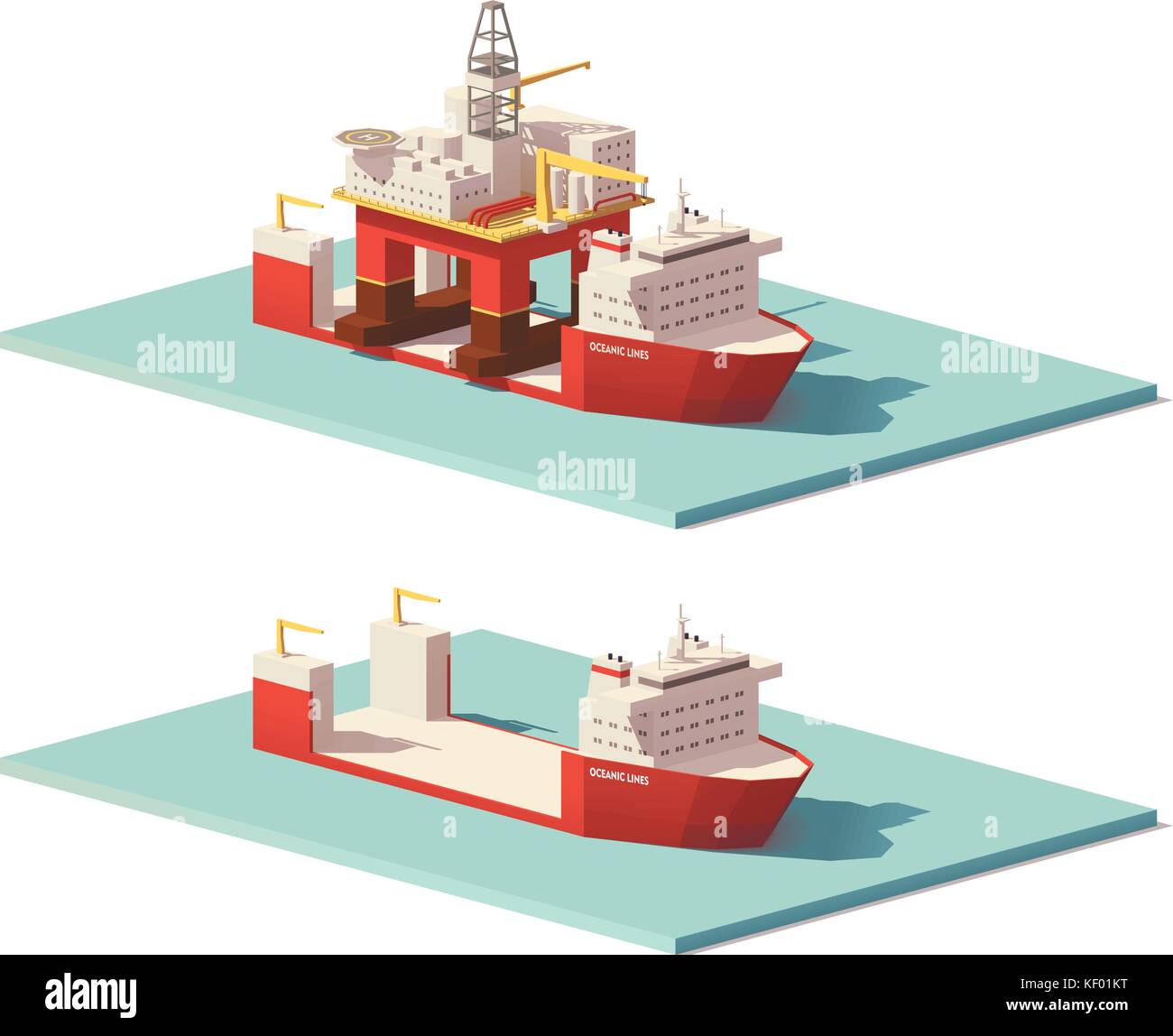 Vector low poly heavy lift ship and oil rig Stock Vector