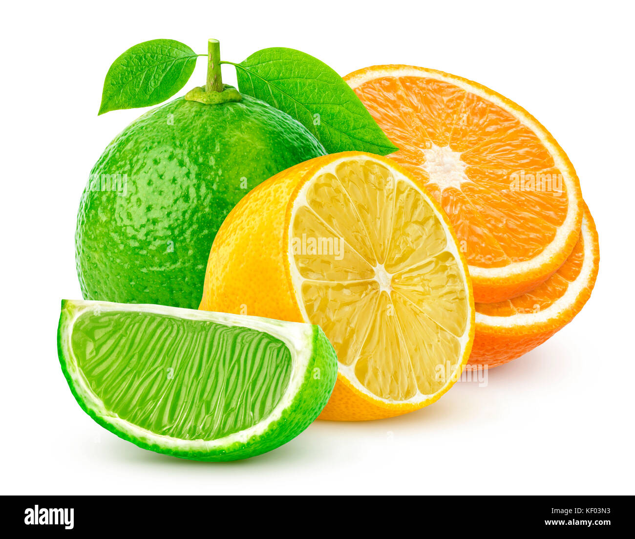 Isolated citrus fruits. Lemon, lime, and orange isolated on white background Stock Photo