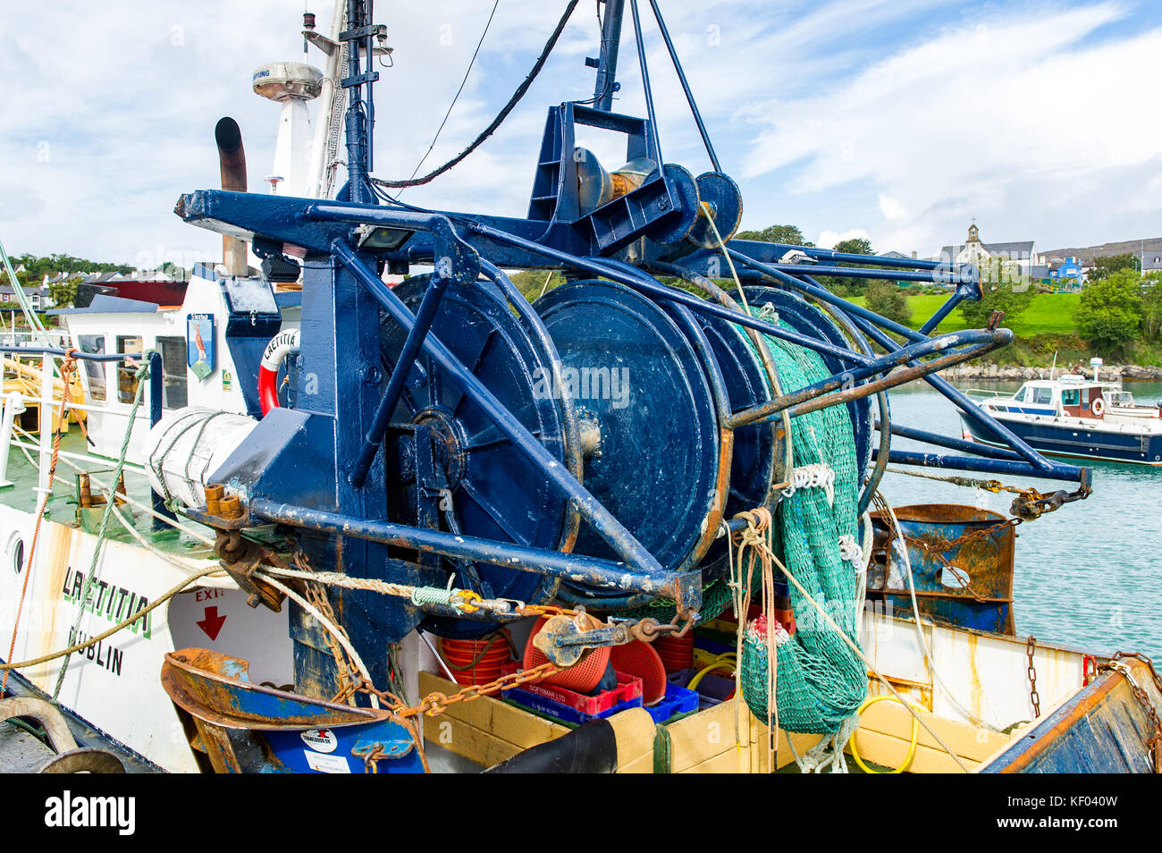 Commercial trawler moored on the quay at Schull Harbour, Schull, West Cork, Ireland with copy space. Stock Photo