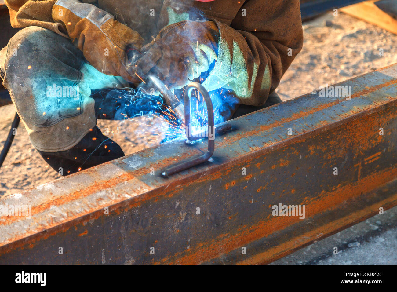 Welding work, welder welding metal material in heavy industry manufacturing, video clip Stock Photo