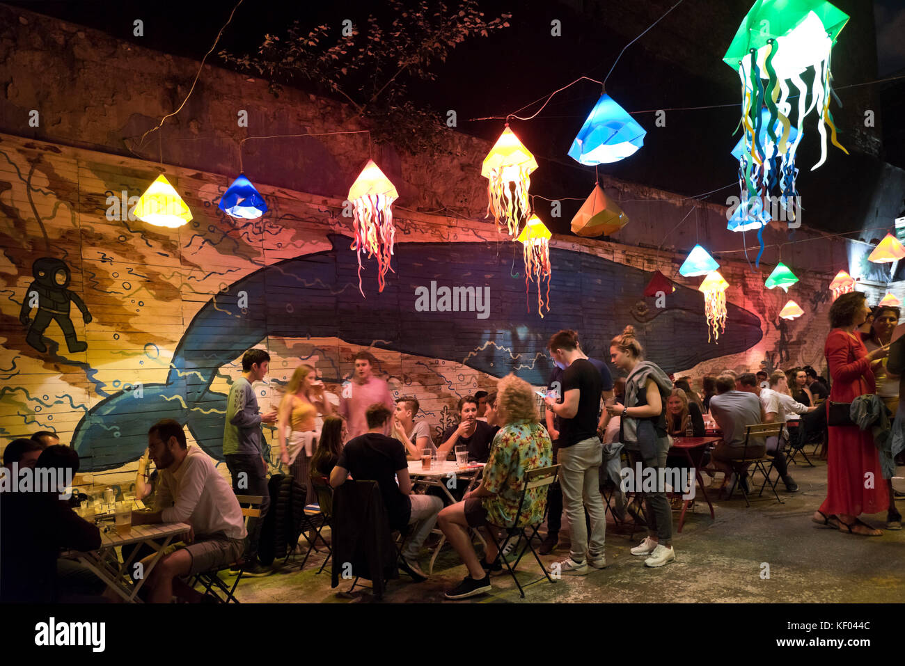 Horizontal view of a ruinpub in Budapest at night. Stock Photo