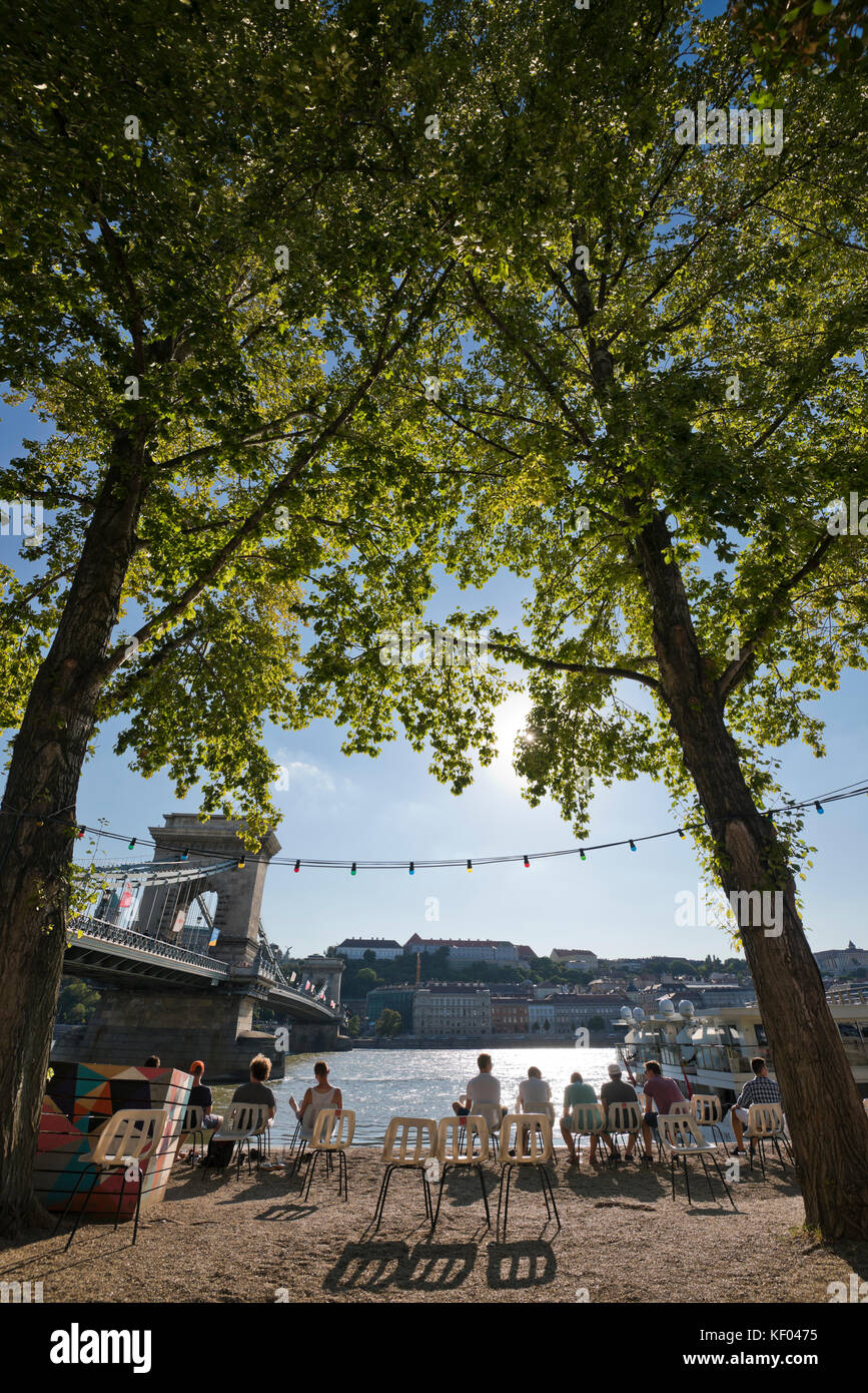 Vertical view of a pop-up bar on the banks of the river Danube in Budapest. Stock Photo