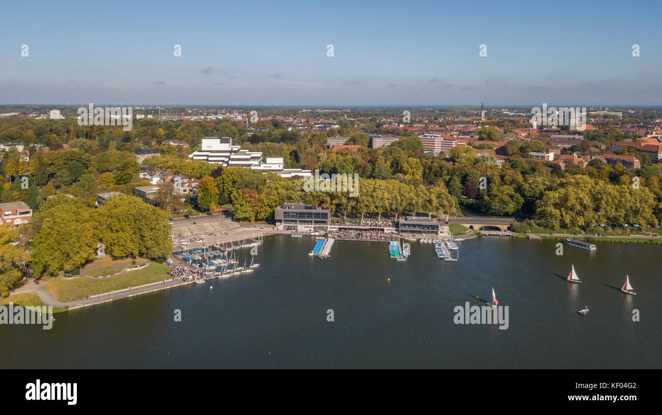 MUENSTER, GERMANY - OCTOBER 14, 2017: Aerial view of Aasee lake in Muenster, North-Rhine Westphalia Stock Photo