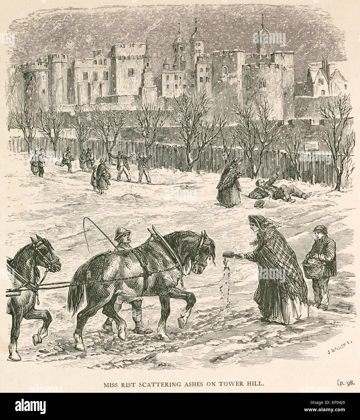 Tower Hill, London. ‘Miss Rist scattering ashes on Tower Hill' (to assist traffic in the snow). Woodcut by J. Knight, vignetted, c.1840. Mayson Beeton Stock Photo