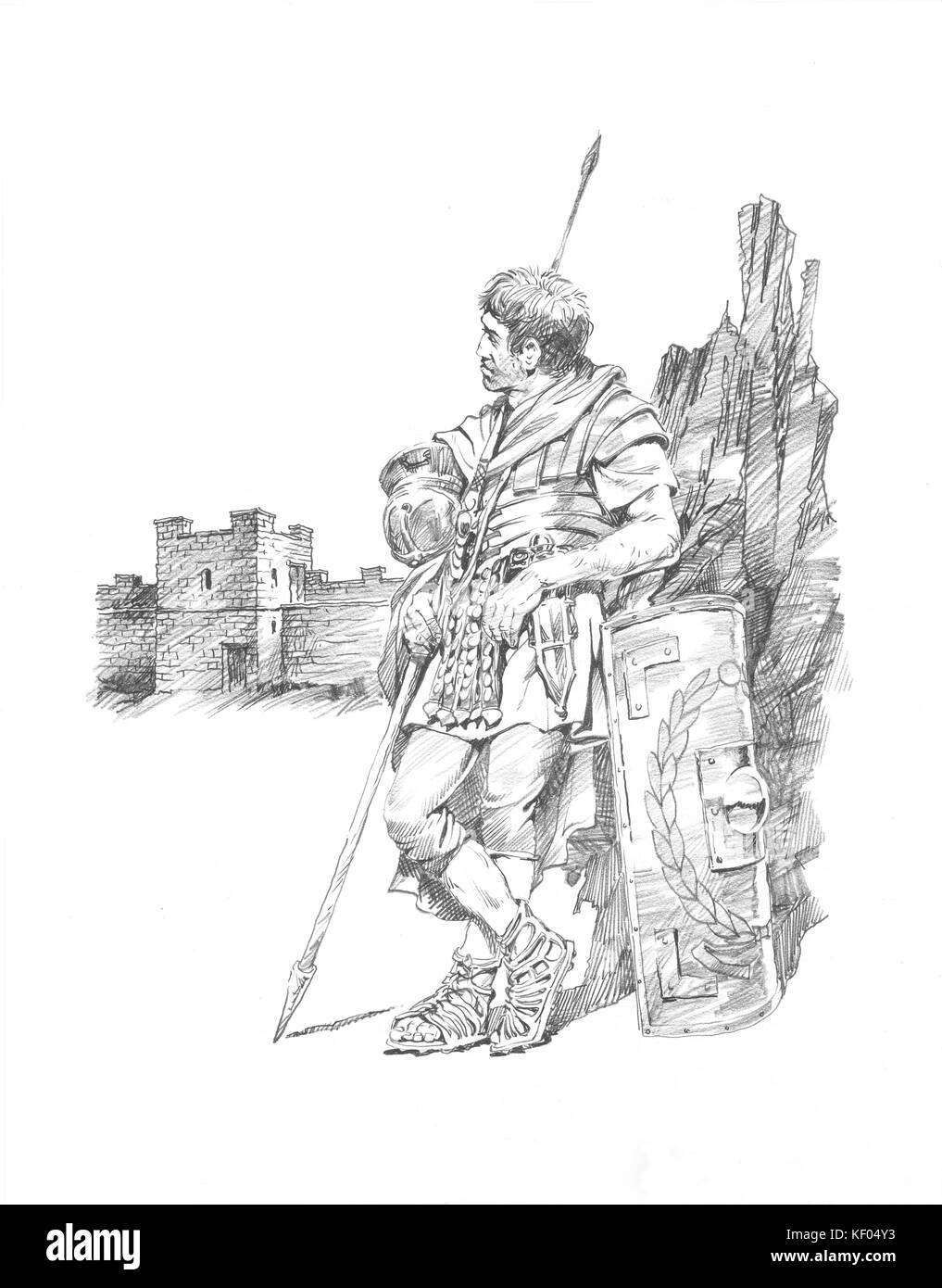 Hadrian's Wall. Reconstruction line drawing of a Roman soldier resting, with shield and pilum. Location based on Black Carts Turret (29a). Attributed  Stock Photo