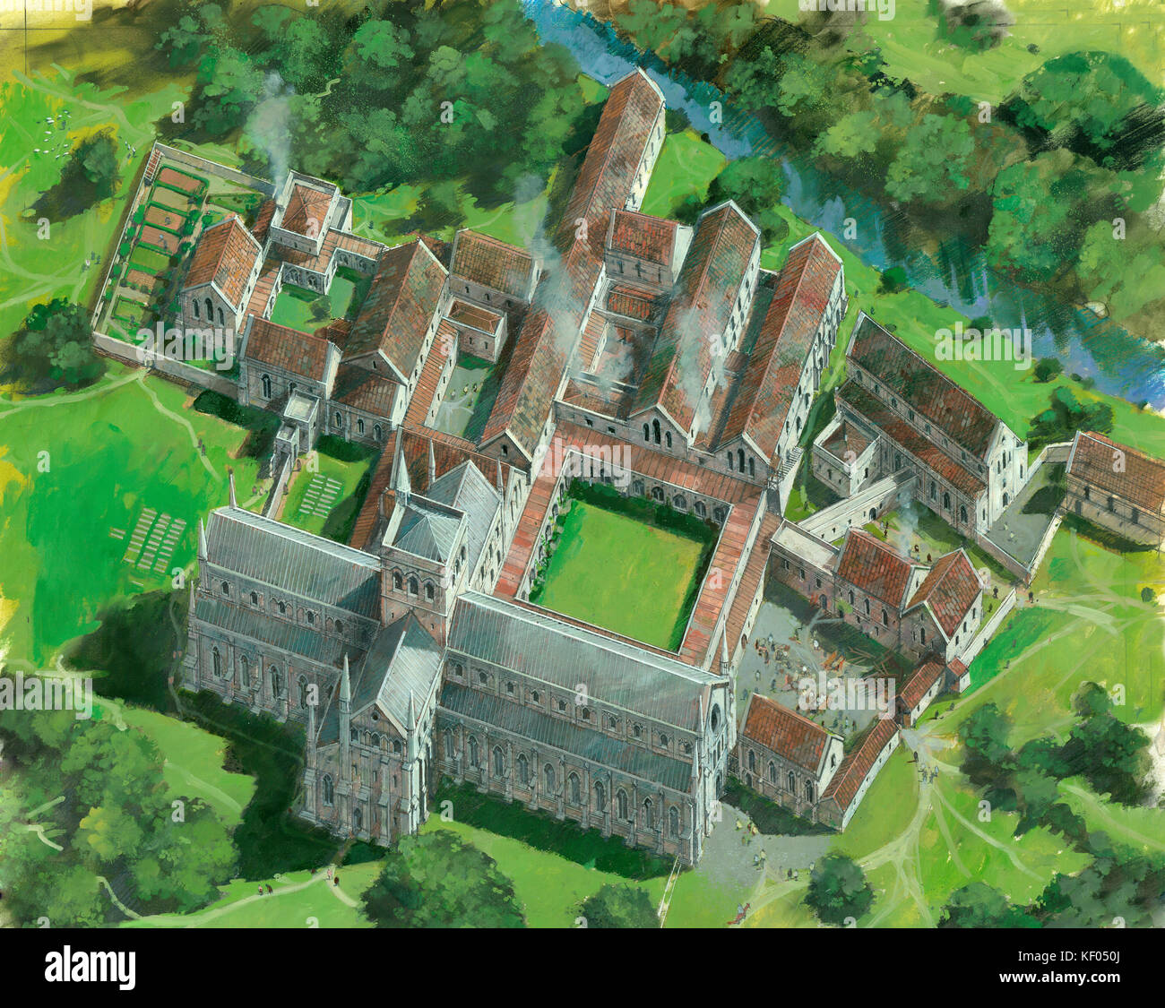 WAVERLEY ABBEY, Surrey. Aerial reconstruction of abbey site by Ivan Lapper. Stock Photo