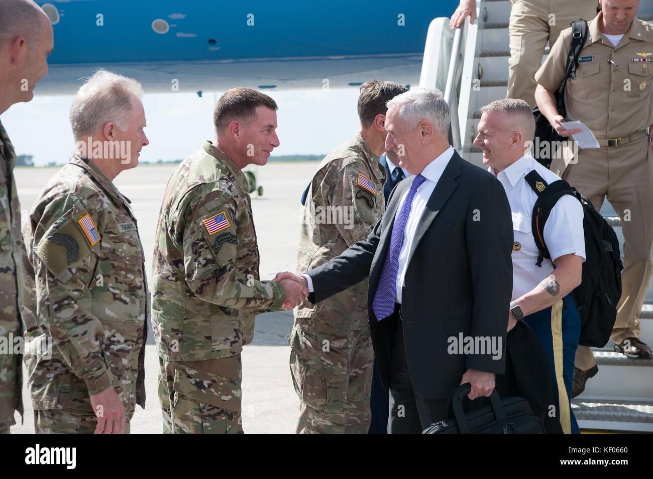 U.S. Defense Secretary James Mattis and U.S. Advisor to the Chairman of the Joint Chiefs of Staff John Troxell arrive at the MacDill Air Force Base October 11, 2017 in Tampa, Florida. Stock Photo