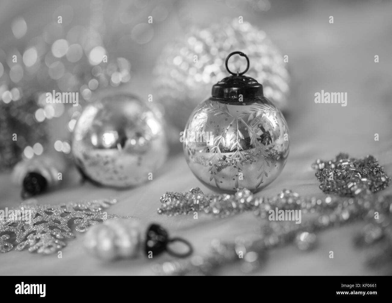 Antique style silver Christmas baubles Stock Photo