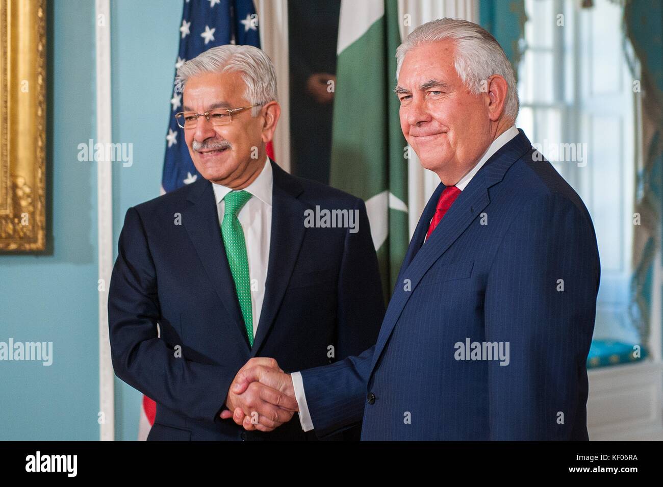 Pakistani Foreign Minister Khawaja Muhammad Asif (left) meets with U.S. Secretary of State Rex Tillerson at the U.S. Department of State October 4, 2017 in Washington, DC. Stock Photo
